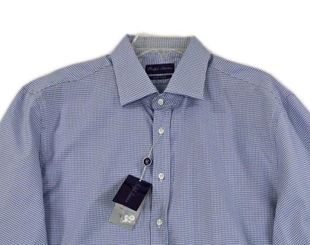 Ralph Lauren Dress Shirt Mens 17.5 Blue Gingham Purple Labe Classic Fit New